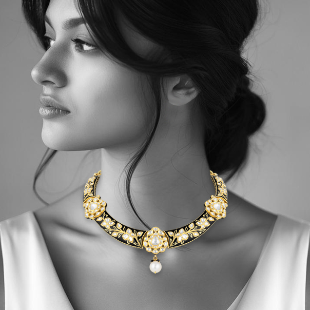 Black Enamel Hasli Necklace with Polki & Gold Floral Motifs